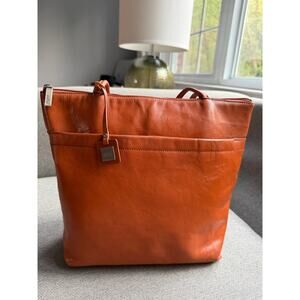 Hobo Orange Leather Shoulder Handbag Multi  Pockets Medium
